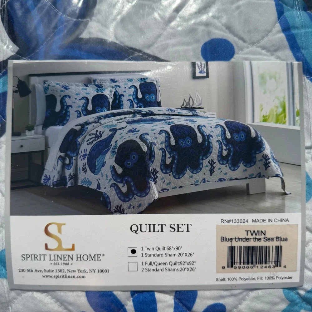 Spirit Linen Home Twin Quilt Set Blue Under the Sea Octopus Whale 2pc Nautical